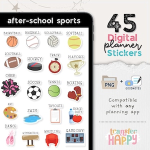 May include: A digital collection of 45 after-school sports planner stickers featuring icons for basketball, baseball, volleyball, softball, football, hockey, track, playoffs, cheer, soccer, tennis, boxing, art, swim, tryouts, snack duty, dance, gymnastics, wrestling, and game day.