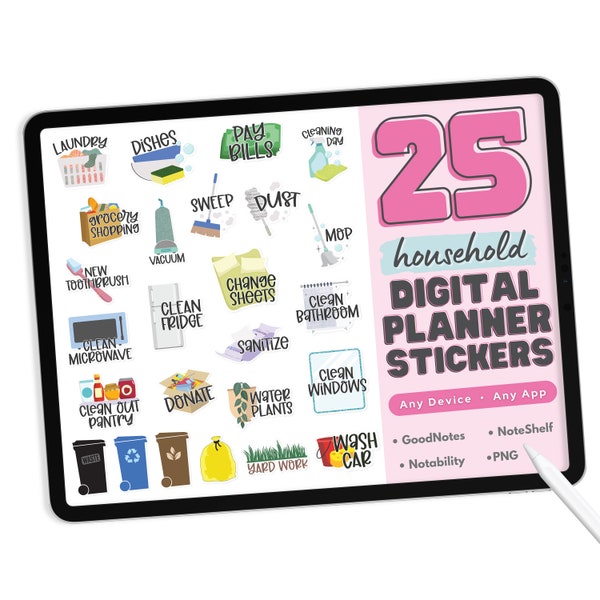 Chores Digital Planner Stickers - PNG Digital Stickers, Compatible with ANY App, Like GoodNotes - 25 Digital Stickers, Cleaning Stickers
