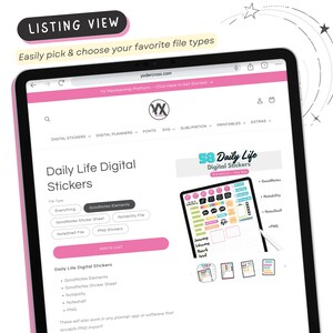 Pu&ograve; includere: Uno screenshot di un sito web che mostra un pacchetto di adesivi digitali. Il pacchetto include 58 adesivi per la vita quotidiana in vari colori e design. Gli adesivi sono compatibili con GoodNotes, Notability, NoteShelf e importazione PNG.
