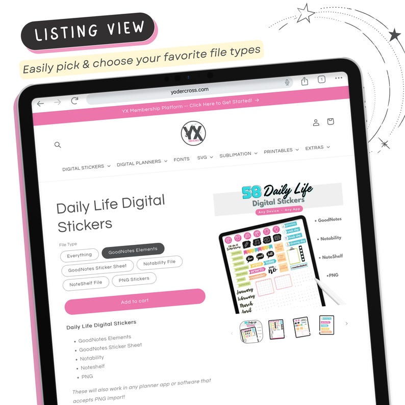 Pu&ograve; includere: Uno screenshot di un sito web che mostra un pacchetto di adesivi digitali. Il pacchetto include 58 adesivi per la vita quotidiana in vari colori e design. Gli adesivi sono compatibili con GoodNotes, Notability, NoteShelf e importazione PNG.