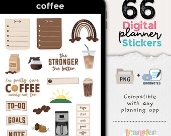 66 Coffee Digital Stickers, Compatible with ANY Digital Planner App (including GoodNotes)