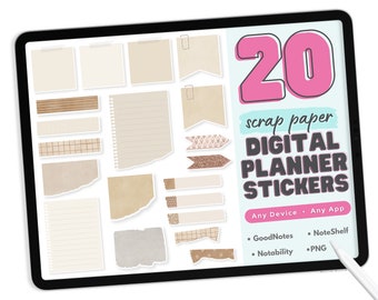 Scrap Paper Digital Planner Stickers - PNG Digital Planner Stickers, Compatible with ANY App - 20 Sticky Note Planner Stickers