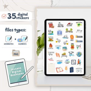 May include: A digital collection of 35 travel-themed stickers displayed on a tablet screen. The stickers feature colorful illustrations of camping gear, beach items, transportation, and text labels like picnic, road trip, and hike for digital planning.