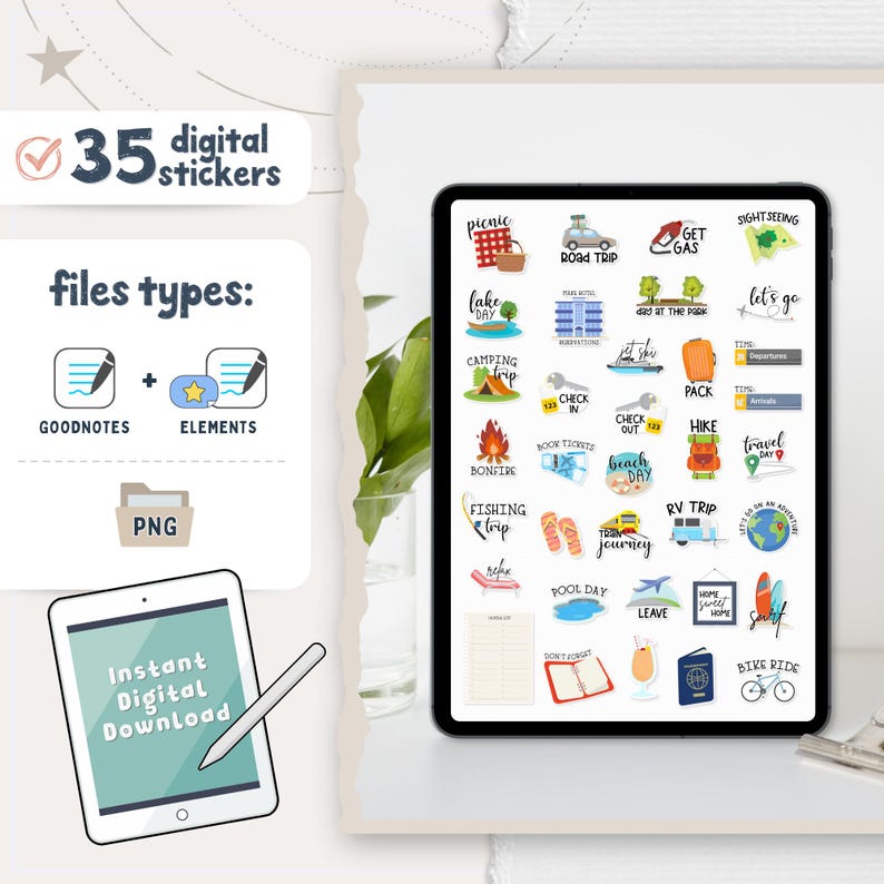 May include: A digital collection of 35 travel-themed stickers displayed on a tablet screen. The stickers feature colorful illustrations of camping gear, beach items, transportation, and text labels like picnic, road trip, and hike for digital planning.