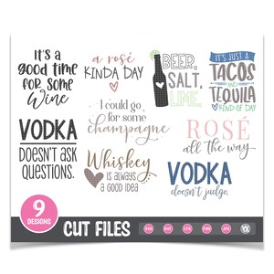 Pacchetto SVG di alcol divertente - Vino Birra Alcol Champagne SVG - Solo file digitali - Set di 9 file SVG