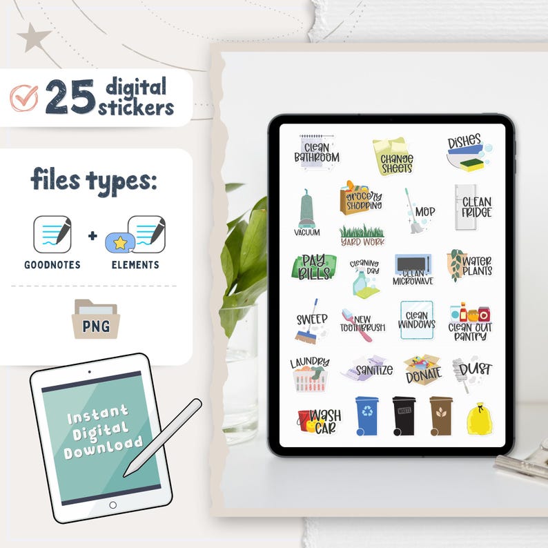 May include: A digital collection of 25 household chore stickers displayed on a tablet screen. The stickers feature colorful illustrations and text labels for tasks like vacuum, mop, laundry, clean bathroom, pay bills, and wash car in a planner style.