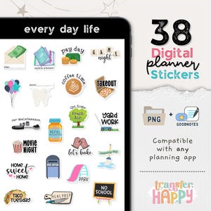 May include: A collection of 38 digital planner stickers displayed on a tablet screen, featuring various icons and text labels for daily activities like pay day, coffee time, movie night, and taco tuesday, with PNG and Goodnotes file format icons.