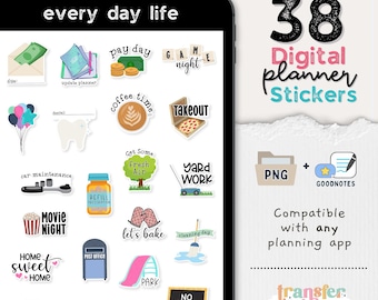 38 adesivi digitali per la vita quotidiana, compatibili con QUALSIASI app di agenda digitale (inclusa GoodNotes)