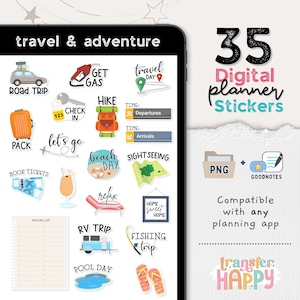 May include: A collection of 35 digital planner stickers for travel and adventure, displayed on a tablet screen. The stickers include icons of a car, suitcase, backpack, airplane, beach items, and text labels like Road Trip, Pack, and Book Tickets.