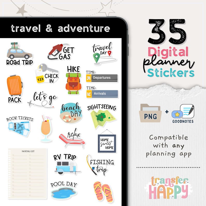 May include: A collection of 35 digital planner stickers for travel and adventure, displayed on a tablet screen. The stickers include icons of a car, suitcase, backpack, airplane, beach items, and text labels like Road Trip, Pack, and Book Tickets.