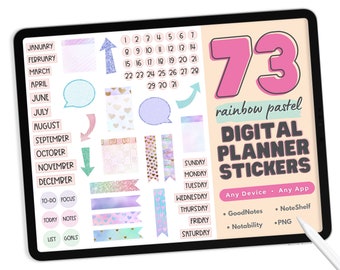 Pastel Rainbow Digital Planner Stickers - PNG Digital Stickers, Compatible with ANY App, Like GoodNotes - 73 Cute Digital Planner Stickers