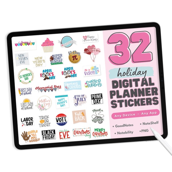 Holiday Digital Planner Stickers - PNG Digital Planner Stickers, Compatible with ANY App, Like GoodNotes - 32 Holiday Digital Stickers