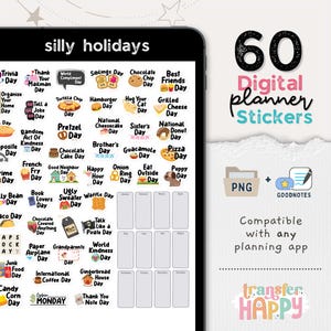 Könnte beinhalten: Eine digitale Sammlung von 60 Planer-Aufklebern mit dem Titel silly holidays, die verschiedene Lebensmittel- und Veranstaltungssymbole mit Textbeschriftungen wie World Compliment Day, Pizza Day und Cyber Monday enthält, kompatibel mit PNG und GoodNotes.