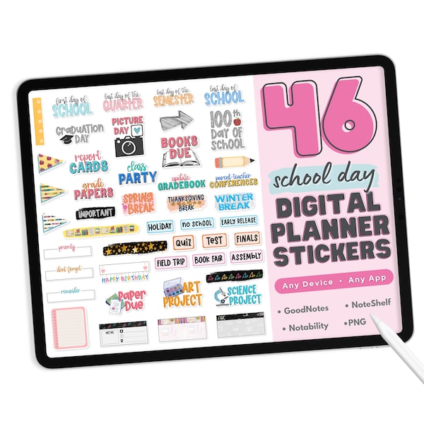 Teacher Digital Planner Stickers - PNG Digital Stickers, Compatible with ANY App, Like GoodNotes - 46 School or Homeschool Digital Stickers