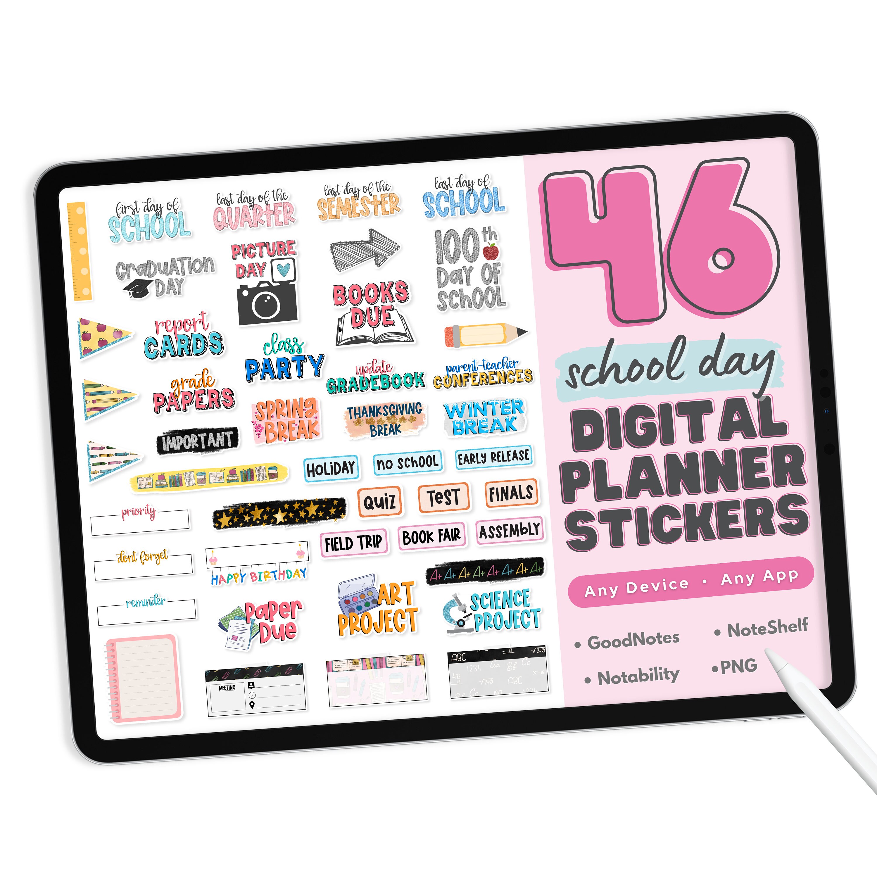 Teacher Digital Planner Stickers - PNG Digital Stickers, Compatible with ANY App, Like GoodNotes - 46 School or Homeschool Digital Stickers