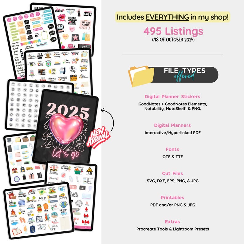 Pu&ograve; includere: Un collage di adesivi per planner digitali, planner digitali, font, file di taglio, stampe e extra. L'immagine include un cuore rosa con il testo "2025 Let's go" e il testo "495 Listings (AS OF OCTOBER 2024)".