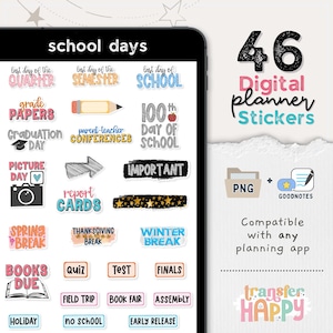 Op de afbeelding: Een digitale collectie van 46 school-thema planner stickers weergegeven op een tabletscherm. De stickers bevatten diverse tekstlabels zoals school days, grade papers, graduation day, picture day, report cards en finals, naast iconen.