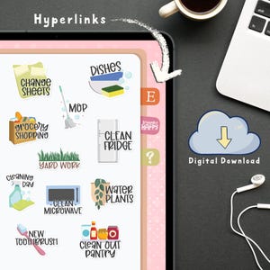 May include: A digital planner page displayed on a tablet screen featuring various household chore icons and text labels including Change Sheets, Dishes, Mop, Grocery Shopping, Clean Fridge, Yard Work, Cleaning Day, Clean Microwave, Water Plants, New Toothbrush, and Clean Out Pantry.