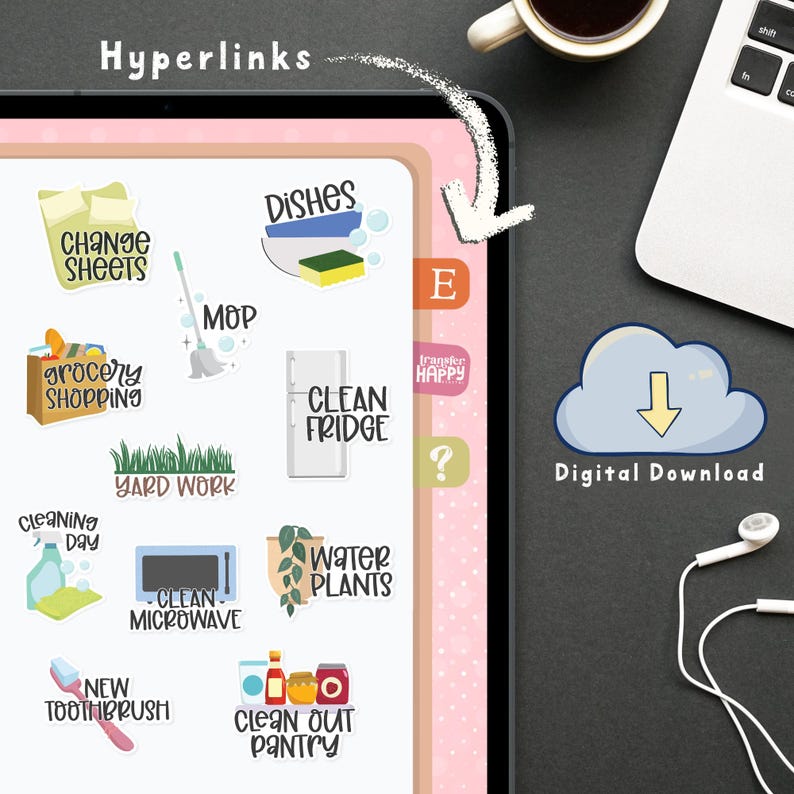 May include: A digital planner page displayed on a tablet screen featuring various household chore icons and text labels including Change Sheets, Dishes, Mop, Grocery Shopping, Clean Fridge, Yard Work, Cleaning Day, Clean Microwave, Water Plants, New Toothbrush, and Clean Out Pantry.