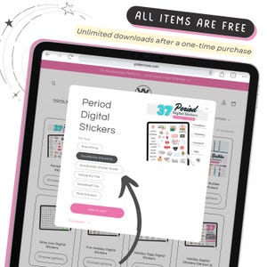 Pu&ograve; includere: Uno screenshot di un sito web che mostra un pacchetto di adesivi digitali per le app GoodNotes, Notability e NoteShell. Il pacchetto include 37 adesivi a tema periodo. Il sito web pubblicizza download illimitati dopo un acquisto una tantum.