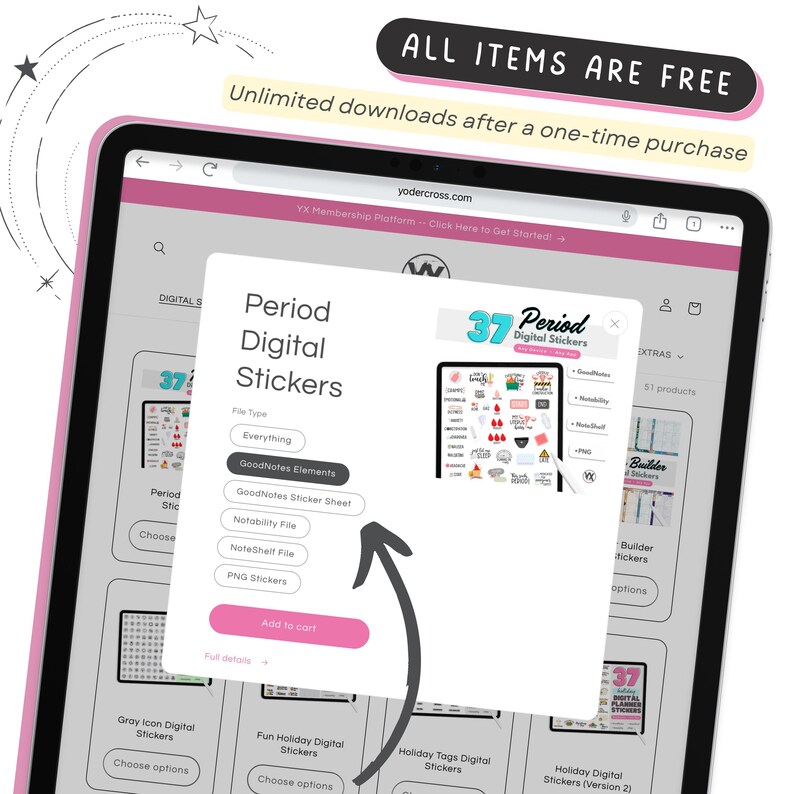 Pu&ograve; includere: Uno screenshot di un sito web che mostra un pacchetto di adesivi digitali per le app GoodNotes, Notability e NoteShell. Il pacchetto include 37 adesivi a tema periodo. Il sito web pubblicizza download illimitati dopo un acquisto una tantum.