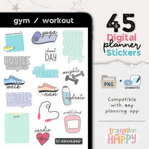 May include: A digital collection of 45 gym and workout planner stickers featuring illustrations of yoga mats, sneakers, dumbbells, jump ropes, water bottles, and heart icons with text including gym, workout, hustle, goal getter, and no excuses.