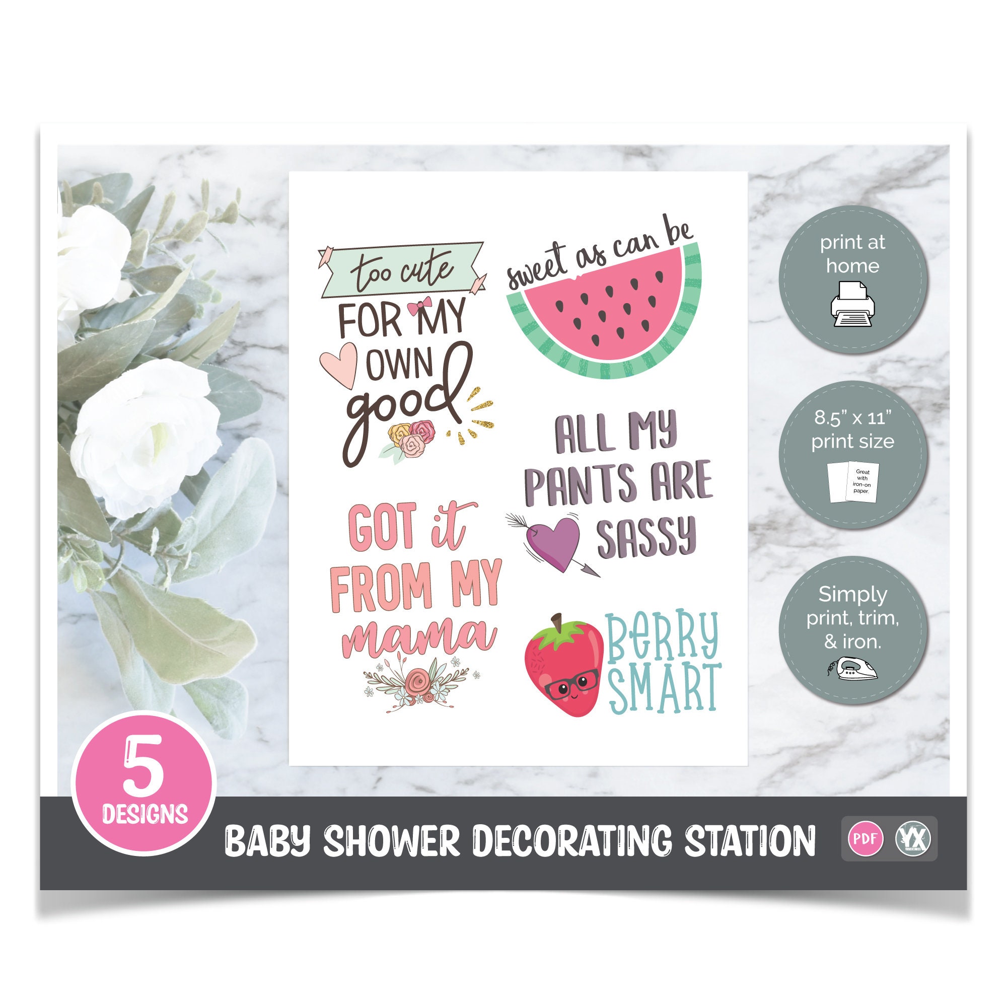 Printable Iron-ons for Girl Baby Shower Decorating Station 5 - Etsy