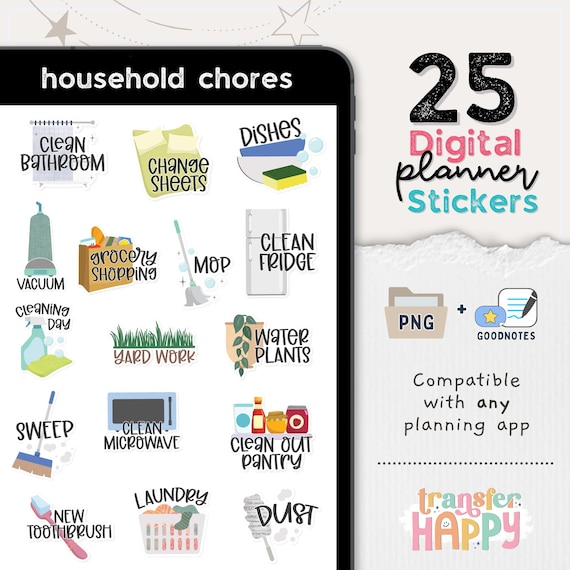 25 Household Chores Digital Stickers, Compatible with ANY Digital Planner App (including GoodNotes)
