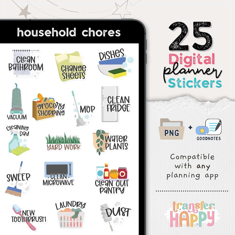 May include: A set of 25 digital planner stickers for household chores displayed on a tablet screen. The stickers feature colorful illustrations and text labels including clean bathroom, change sheets, dishes, vacuum, grocery shopping, mop, clean fridge, cleaning day, yard work, water plants, sweep, clean microwave, clean out pantry, new toothbrush, laundry, and dust.