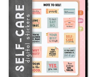 16 Self-Care & Note-To-Self Digital Stickers, Compatible with ANY Digital Planner App (including GoodNotes)