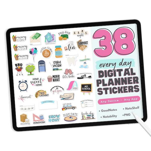 Every Day Digital Planner Stickers - PNG Digital Stickers, Compatible with ANY App, Like GoodNotes - 38 Digital Stickers, Family Stickers