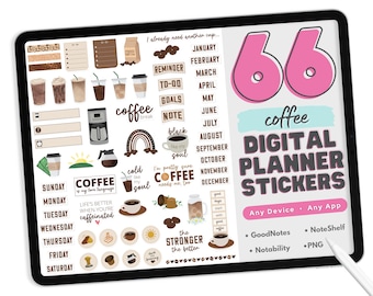 Coffee Digital Planner Stickers - PNG Digital Planner Stickers, Compatible with ANY App, Like GoodNotes - 66 Coffee Digital Stickers