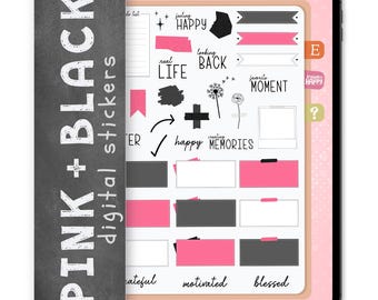36 Pink and Black Digital Stickers, Compatible with ANY Digital Planner App (including GoodNotes)