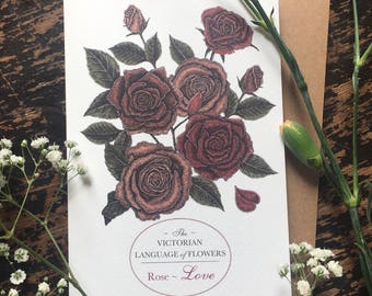 Victorian Language of Flowers - Rose Love Card - Romantic Card - Valentine's Day Card - Anniversary Card - Wedding Card - Birthday Card