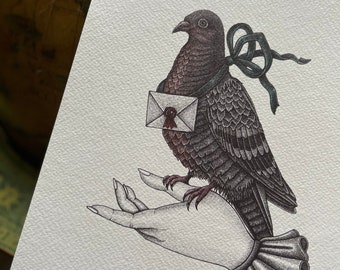 Carrier Pigeon A4 Print - Messenger bird - Victorian Hand - Love letter - Dotwork Illustration - Bird Print - British Birds