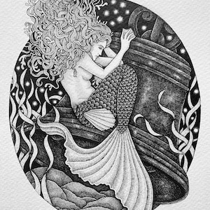 The Mermaid of Marden A4 Illustration Print - Folktale - Mythology - UK Folklore - Herefordshire folktale - Mermaid Wall Art