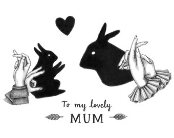 Lovely Mum Mother's Day Card - Rabbit Shadow Puppet Card - Victorian Hands - Gift for Mum