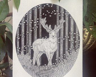 White Stag A4 Print - The White Hart of Merseyside - Deer Print - White Deer - Folklore - Nature Illustration - Forest Woodland