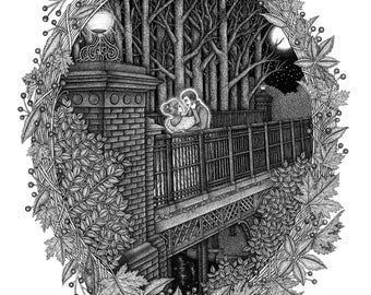 The Iron Bridge - Giclee Print - Romantic Illustration - Ghost Story - Liverpool Art - Sefton Park - Fairy Glen - A3 Print