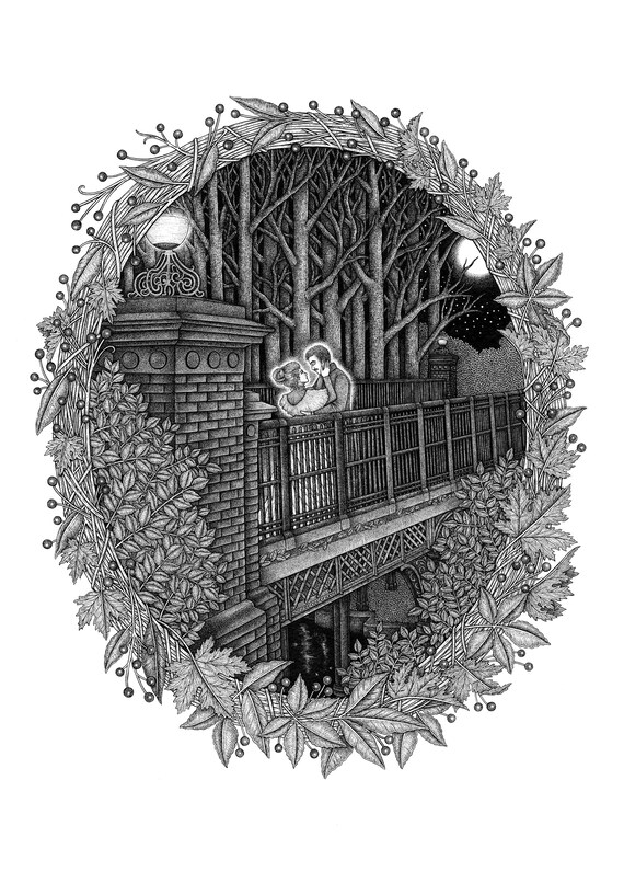 The Iron Bridge - Giclee Print - Romantic Illustration - Ghost Story - Liverpool Art - Sefton Park - Fairy Glen - Love Story - A3 Print