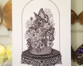 Butterfly Dome A5 Print - Entomology wall art - Antique Bell Jar Illustration - Dotwork Butterflies - Butterfly Taxidermy - Mini Print