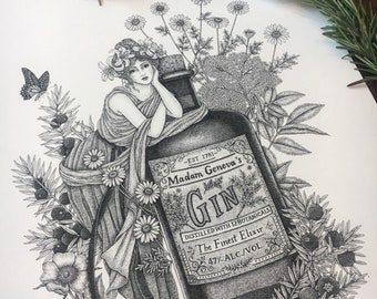 Gin Print 'Madam Geneva' - Gin Art - Cocktail Illustration - Gin Botanicals - Vintage style Cocktail Print - Gift for Gin Lovers - A3 Print