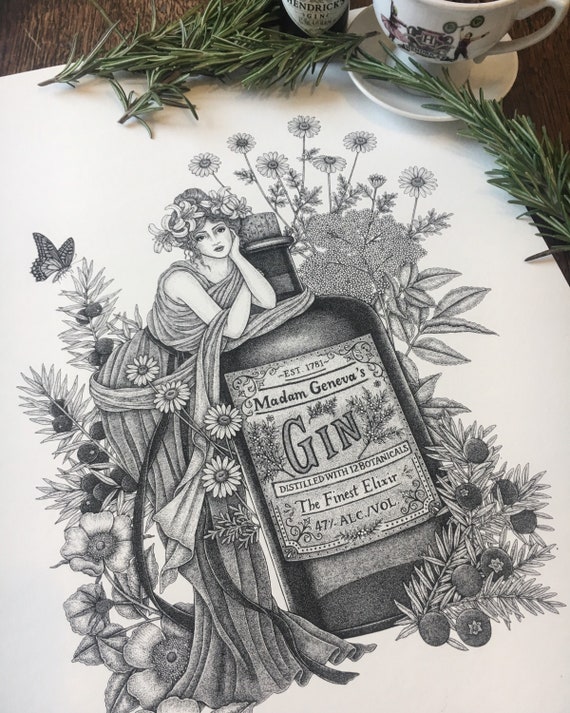 Gin Print 'Madam Geneva' - Gin Art - Cocktail Illustration - Juniper - Gin Botanicals - Vintage style Gin Print - Gift for Gin Lovers