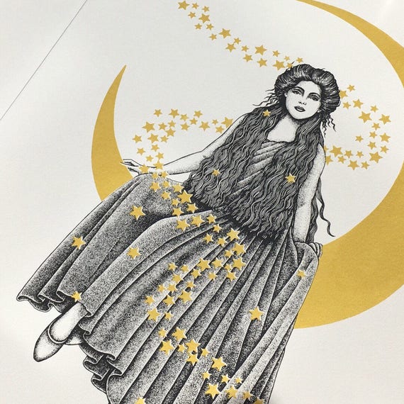 Moon Lady Gold Screenprint - 'Astarte - The Madame in the Moon' - Limited Edition Screen Print - Metallic - Moon and Stars - Silkscreen - A2