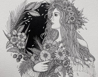 May Queen illustration - Beltane, Folklore, Midsummer, spring flowers, Midsommar - A4 Print