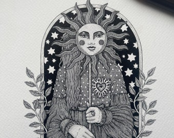 May include: Black and white illustration of a woman with long hair holding a sun with a face. The sun is surrounded by stars and the woman is wearing a polka dot dress. The image is framed with a black border and vines.