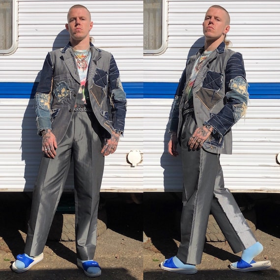 Punk Reworked Bleached Denim Patched 70’s - 80’s S