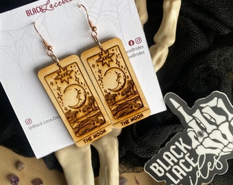 Moon Tarot Earrings - Wood Earrings  - Black Lace Brides - Magic - Alternative Bride - Halloween Bride