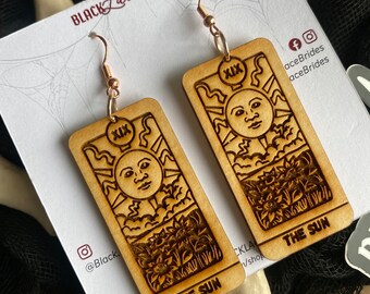 Sun Tarot Earrings - Wood Earrings  - Black Lace Brides - Magic - Alternative Bride - Halloween Bride