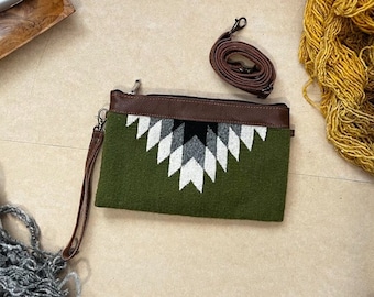 Zapotec half diamond green cosmetic pouch/ small purse crossbody